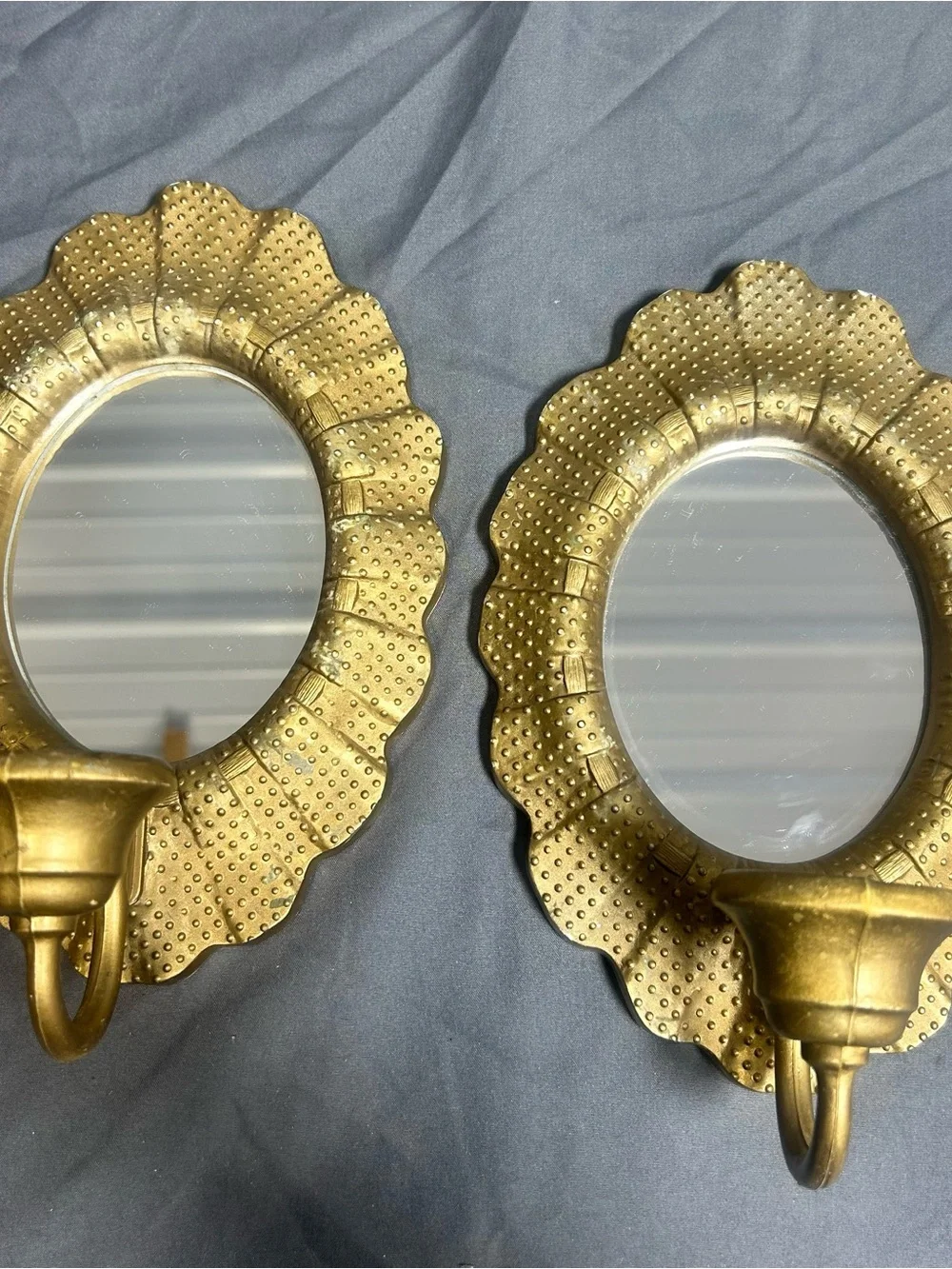 Vintage Gold Resin Wall Sconces Oval Mirror Scalloped Edges MCM Set Of 2